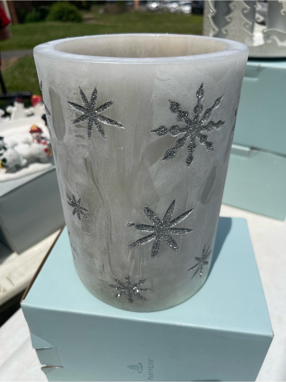 PartyLite White Pillar Candle Holder with Silver Glitter Snowflakes